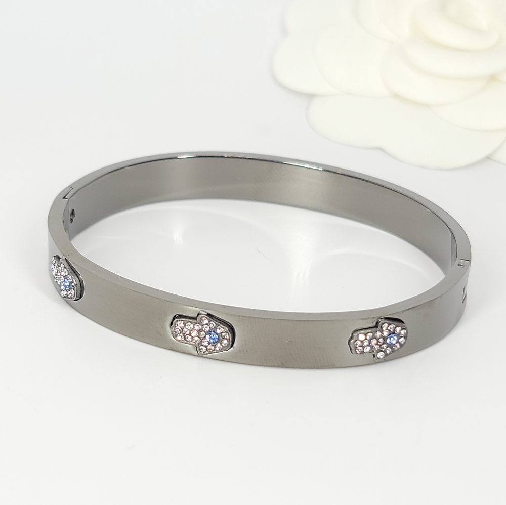 NEW Hamsa Pave CZ Stainless Steel Bangle Bracelet - Picture 4 of 10